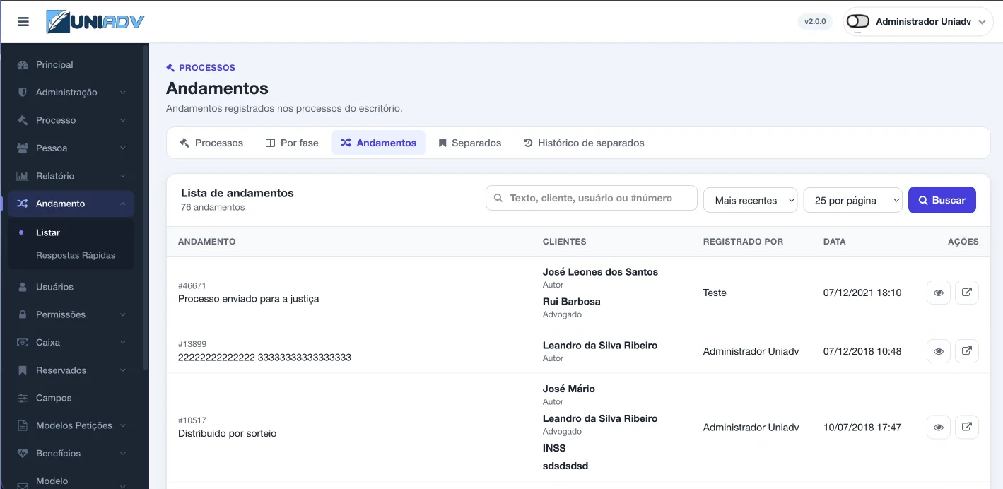 Lista de andamentos dos processos