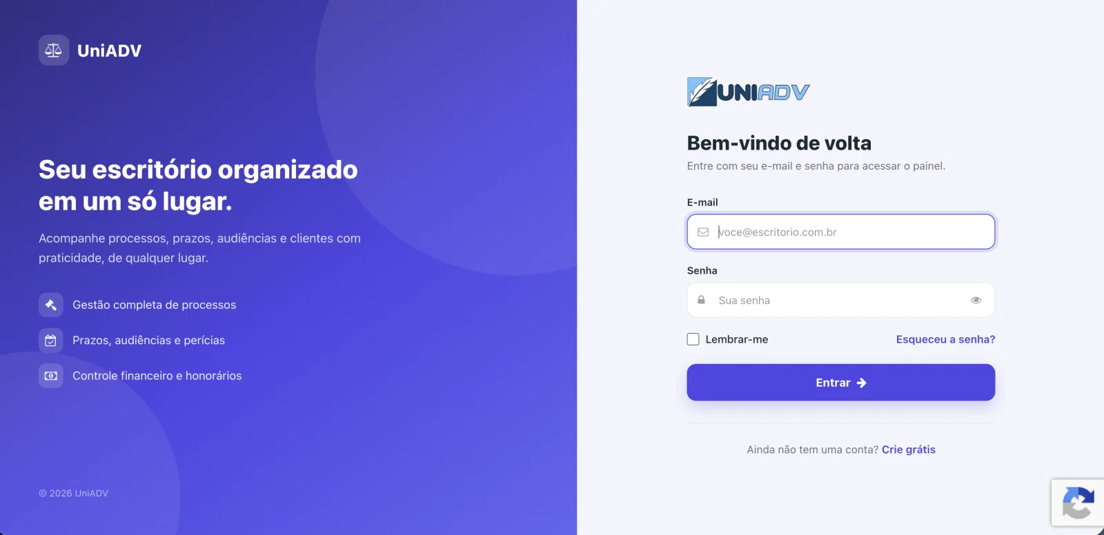 Tela de login do UniADV