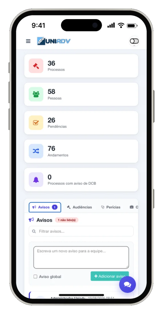 UniADV aberto em um smartphone mostrando o painel